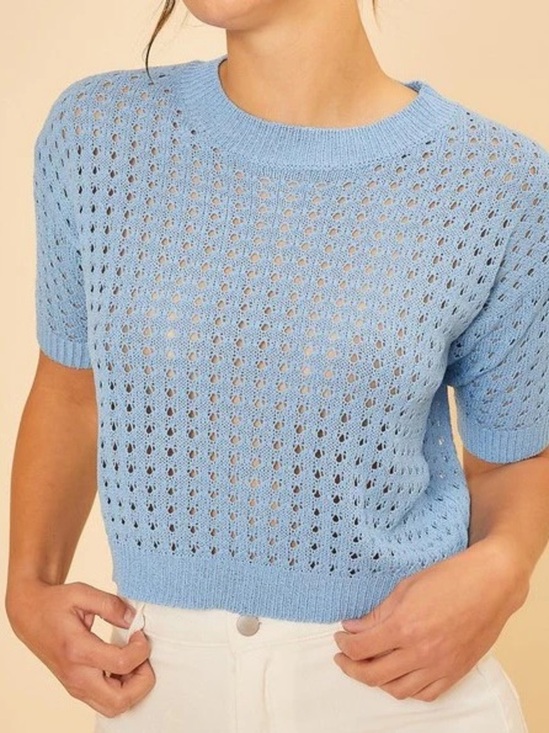 Tops - Light Blue Open-Knit Short Sleeve Sweater